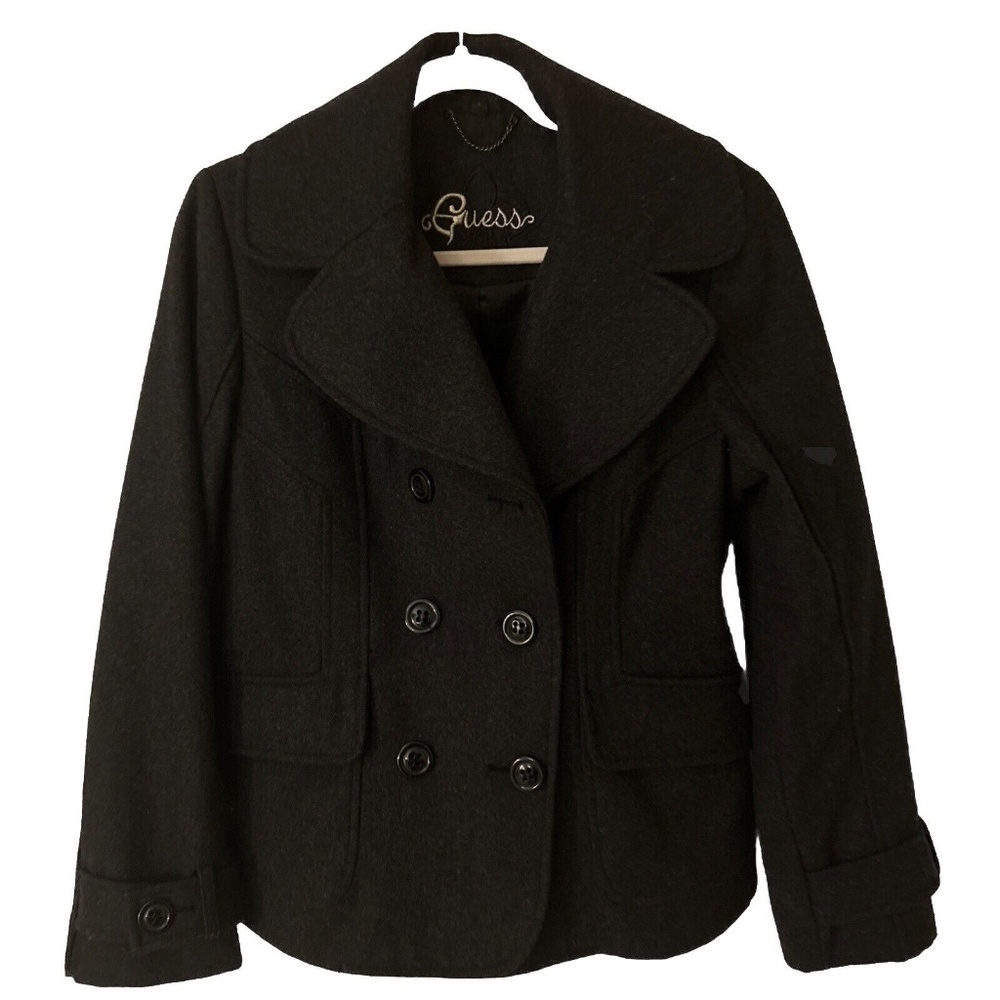 Guess Women’s Size Large Double Breasted Dark Gray Wool Blend Short Style Coat
